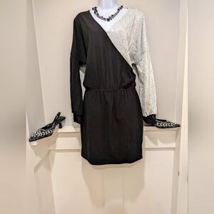 Black and Silver Asymmetrical Sheath Dress with Dolman Sleeves Size Large